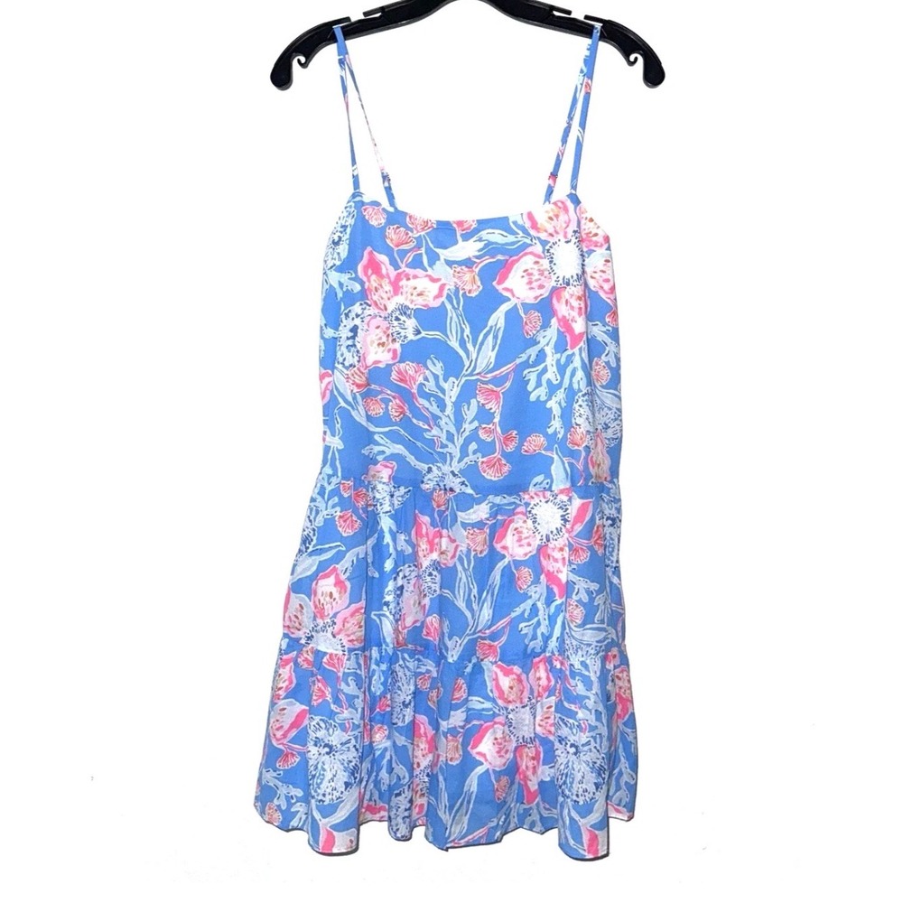 Lilly Pulitzer Alessia Cotton Dress Bahamian Rhapsody Floral Tiered‎ Mini Blue L